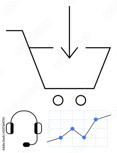 Shopping cart with down arrow, line graph showing analytics, and customer service headset. Ideal for online shopping, sales trends, data analysis, customer support, e-commerce management, marketing