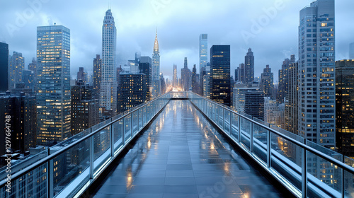 stunning rooftop view of city skyline at night, showcasing high rise buildings and lights
