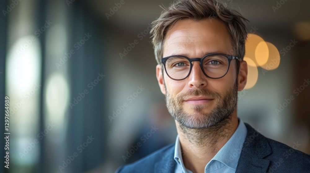 Confident Businessman with Glasses in Modern Office Space Confident Businessman with Glasses in Modern Office Space