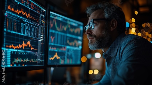 Professional Analyst Working Late at Night with Financial Charts and Data