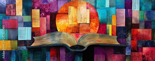 Abstract collage featuring books, words, and artistic representations of literary adventures, symbolizing the joy of reading, discovery, and intellectual thirst, bright hues