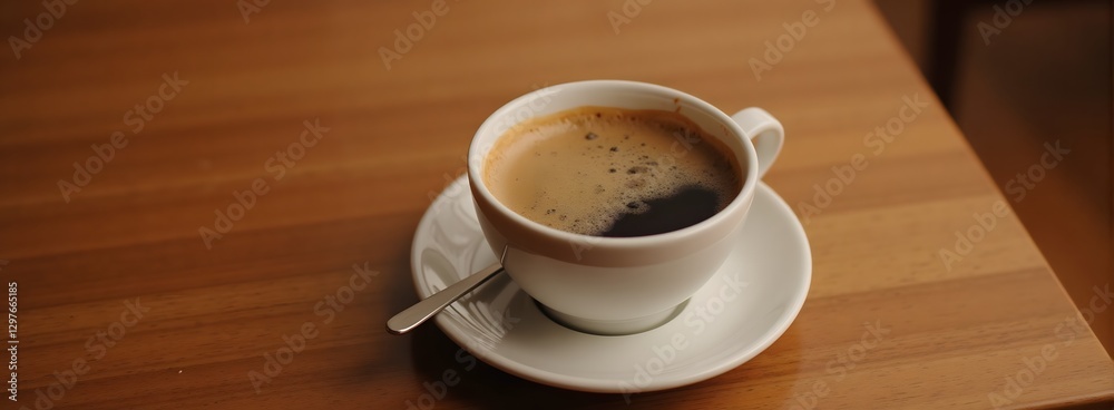 Obraz premium White cup of fresh black coffee on wooden table with spoon