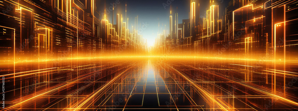 Obraz premium Cyberpunk Neon Grid Texture with Fiery Gold and Orange Glow