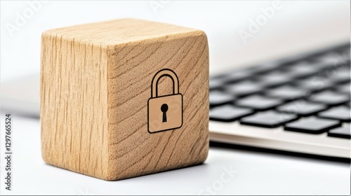 A wooden block featuring a padlock symbol sits next to a laptop keyboard, representing security and digital protection.