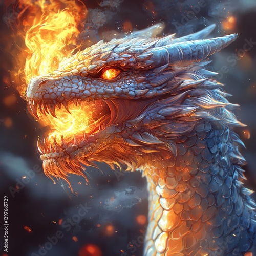A majestic dragon breathing fire, showcasing a mystical blend of power and beauty. The intricate scales glisten as it roars fiercely against a dramatic backdrop of swirling flames.