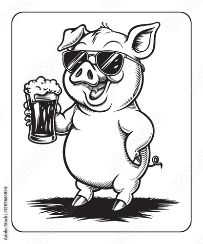 Cute happy pig with beer glass enjoying moment vector coloring page