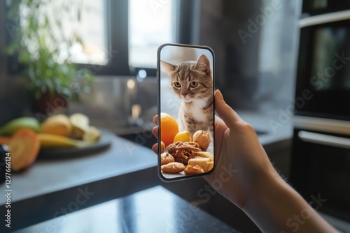 A person is holding a cell phone up to a cat that is looking at a plate of food