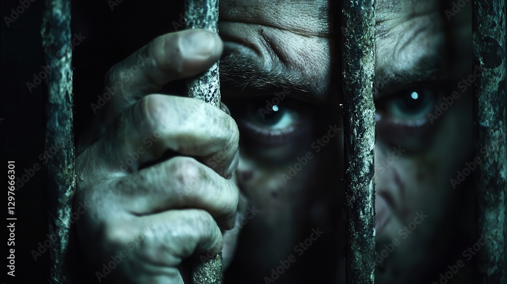 A close-up of a man's face behind rusted prison bars, gripping them tightly, evoking despair and isolation