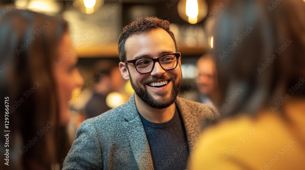 Fototapeta premium Happy man smiling in casual gray blazer jacket at social gathering beard event people joyful glasses