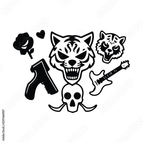 Rock and roll icons collection. Vector illustration of rock music badges and symbols, such as gun and rose, heart with the ribbon, tiger face, guitar, open mouth and wings. Isolated on white