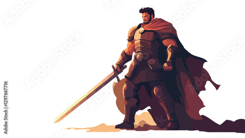 A digital illustration depicting a muscular male figure, possibly a warrior or knight, standing with a large sword and shield. He wears armor and a flowing cape. The color palette is predominantly