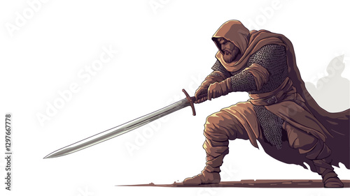 A digital illustration depicting a stylized warrior figure. The warrior is depicted from a low angle, kneeling and wielding a long sword. The figure is wearing a brown hooded robe and appears