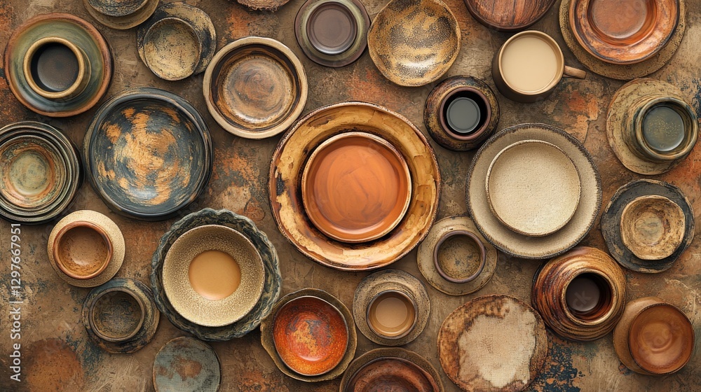 98.A top-down view of an eclectic collection of artisan pottery, featuring textured plates, rustic bowls, and handcrafted cups in earthy tones such as terracotta, beige, and olive green, arranged on 98.A top-down view of an eclectic collection of artisan pottery, featuring textured plates, rustic bowls, and handcrafted cups in earthy tones such as terracotta, beige, and olive green, arranged on