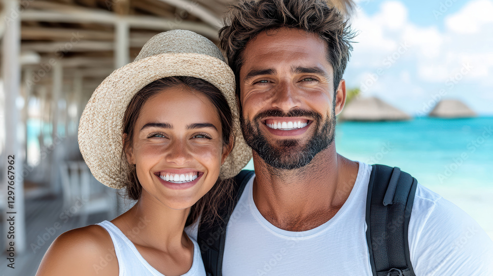 Obraz premium young couple smiling together on beach vacation, enjoying sun