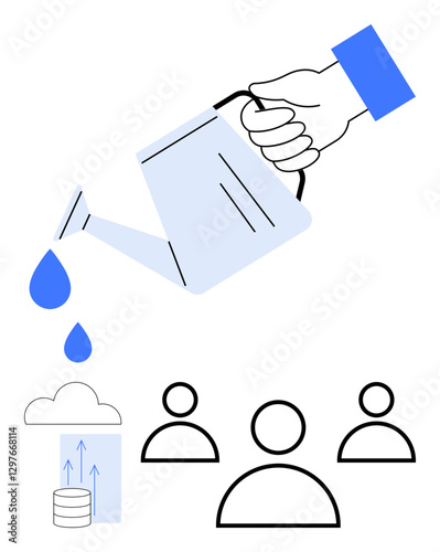 Hand pours water from a watering can creating growth icons of a cloud with arrows and database imply cloud computing and data expansion, along with individual teamwork efforts. Ideal for growth
