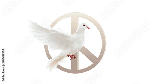 The image is a digital illustration featuring a white dove in flight positioned in front of a beige peace symbol.  The dove is depicted with detailed feathers and a slight iridescence. The peace