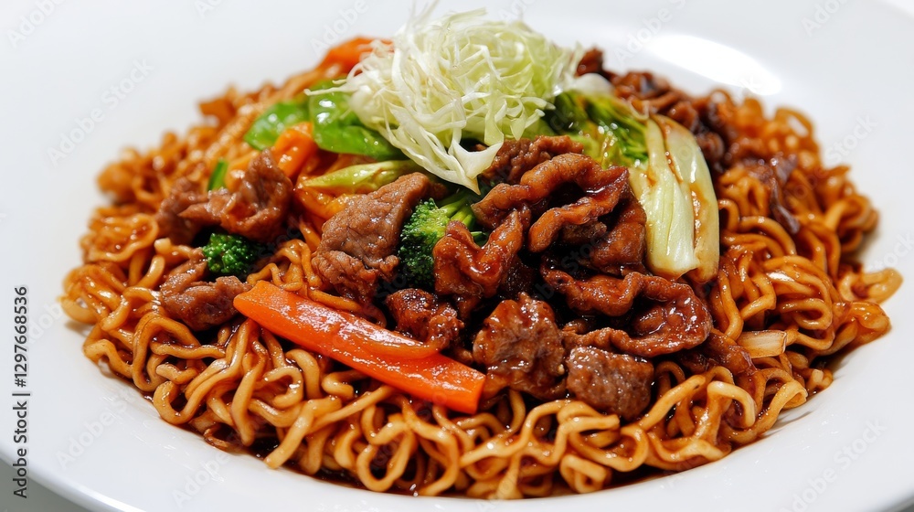 113.A balanced composition of stir-fried noodles topped with crisp vegetables and savory meat pieces, served on a flat plate with a light sauce sheen, presented on a plain white background with no 113.A balanced composition of stir-fried noodles topped with crisp vegetables and savory meat pieces, served on a flat plate with a light sauce sheen, presented on a plain white background with no