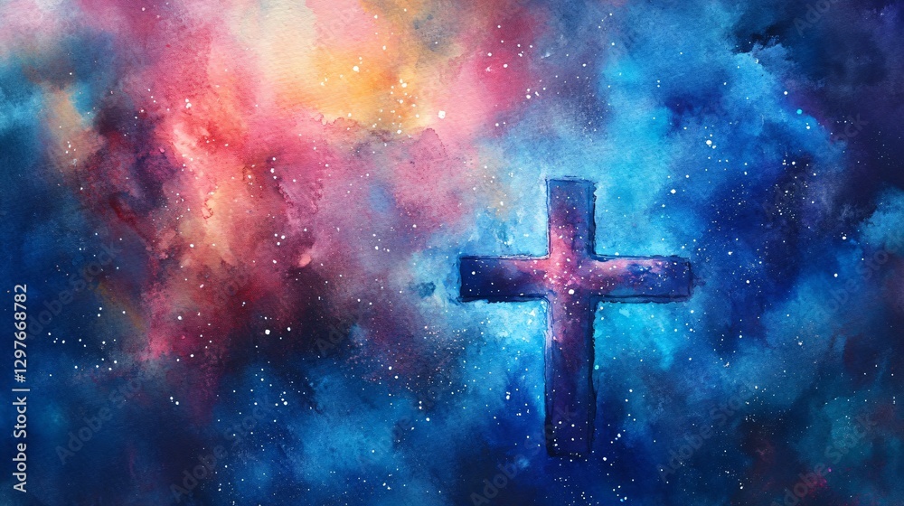 Celestial Cross Watercolor Painting of a Cross in a Cosmic Nebula Celestial Cross Watercolor Painting of a Cross in a Cosmic Nebula