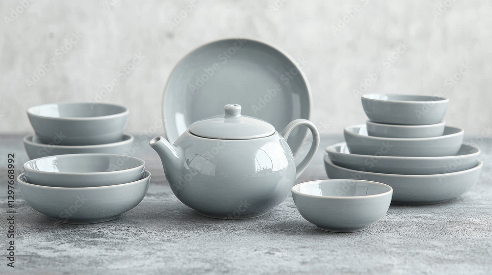 Fototapeta premium 12.A collection of grey ceramic crockery, including a teapot, bowls, and dinner plates, on a concrete surface with complementary hues, under soft natural light that accentuates their forms.