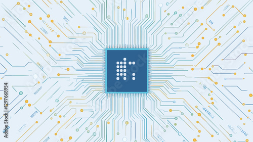 The image is an abstract representation of a circuit board.  The main focus is a central, square, blue microchip/CPU with a stylized icon.  This central element is surrounded by radiating lines,