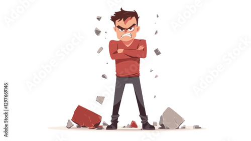 A digital illustration depicting a cartoon man with brown hair and a red sweater. He stands with arms crossed, exhibiting an angry facial expression.  Small, broken pieces of what appear to be