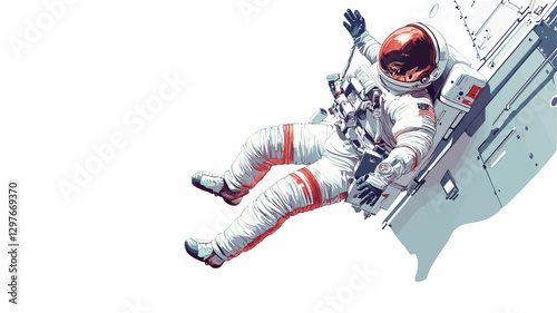 High-angle, close-up shot of an astronaut in a white and red spacesuit floating in space against a white background. The astronaut appears to be tethered to a spacecraft element, partially visible