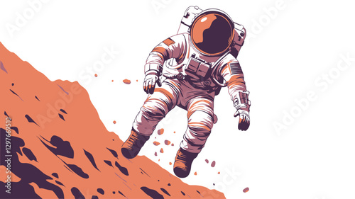 A stylized vector illustration depicting an astronaut in a spacesuit traversing a Martian landscape. The astronaut is rendered in a retro style with bold outlines and flat colors, primarily whites,