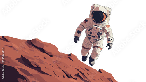 A digital illustration depicts an astronaut in a white spacesuit floating or leaping near a rocky, red Martian surface against a white background.  The style is minimalist and vector-based, with a