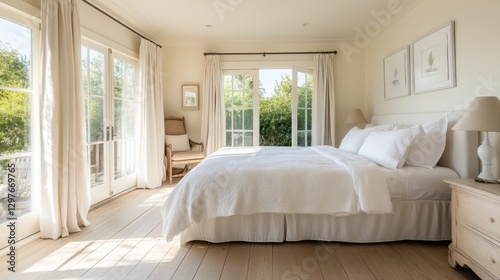 A bright and airy bedroom with a simple white bed  large windows  and natural sunlight