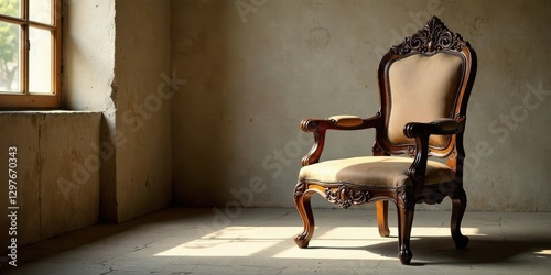 A regal antique armchair with ornate wood carvings and a plush upholstered seat sits bathed in sunlight near a window in a rustic room.