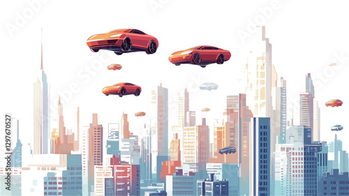 The image is a digital illustration depicting a futuristic cityscape with several red flying cars hovering above it. The cityscape is rendered in a stylized manner with tall, slender skyscrapers in