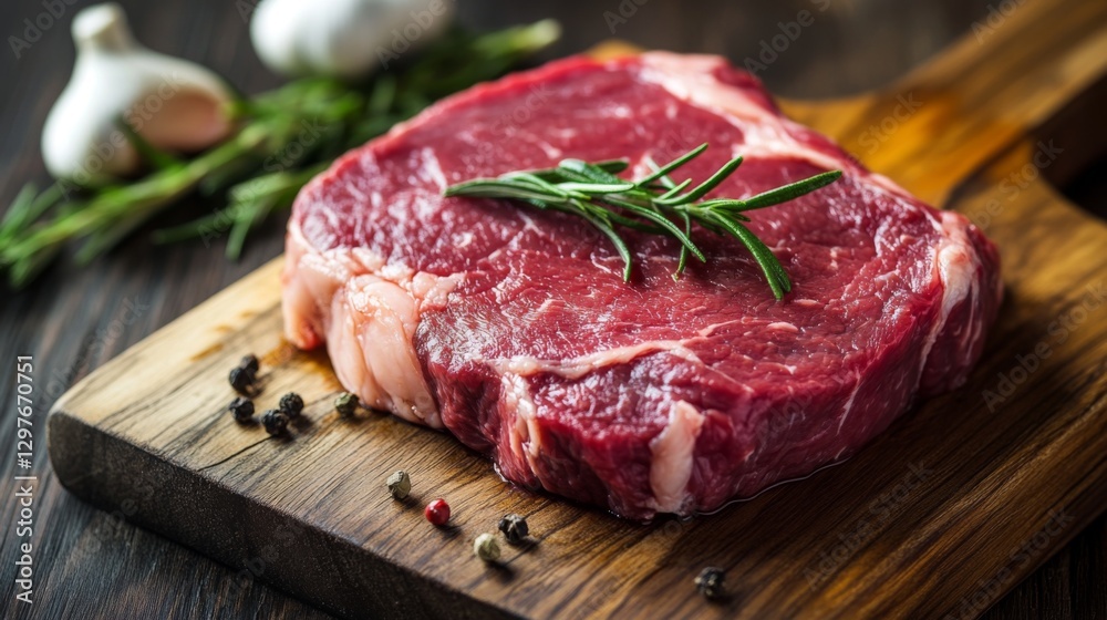 A close-up of fresh raw beef steak with marbled fat, placed on a wooden cutting board with rosemary and garlic A close-up of fresh raw beef steak with marbled fat, placed on a wooden cutting board with rosemary and garlic