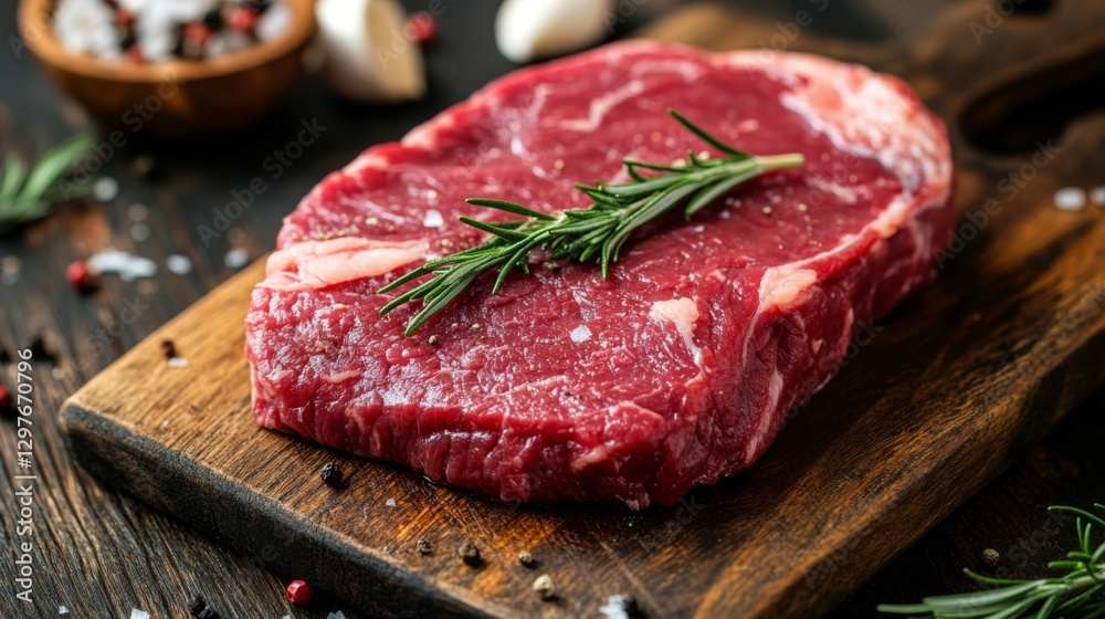 A close-up of fresh raw beef steak with marbled fat, placed on a wooden cutting board with rosemary and garlic A close-up of fresh raw beef steak with marbled fat, placed on a wooden cutting board with rosemary and garlic