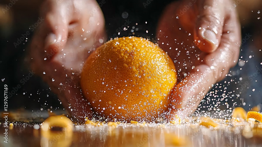Fototapeta premium An orange fruit being sprinkled with a granular material in hands