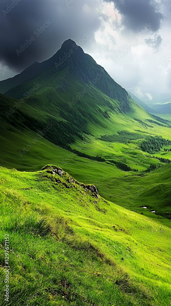 Fototapeta premium Lush Green Mountain Valley Landscape Under Dramatic Sky