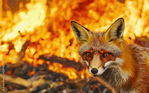 Red Fox Stands Calm Amidst Wildfire Flames and Smoldering Ashes