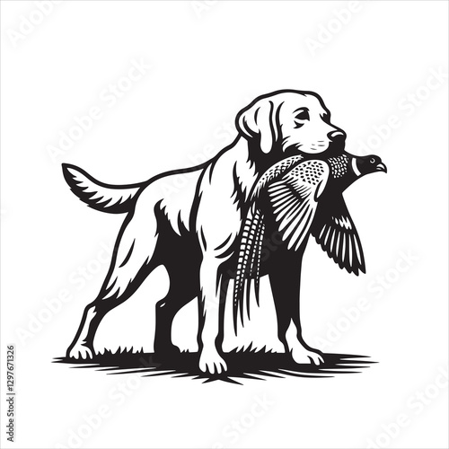 vector  hunting labrador retriever/ Brittany Spaniel dog standing and holding a duck in its mouth