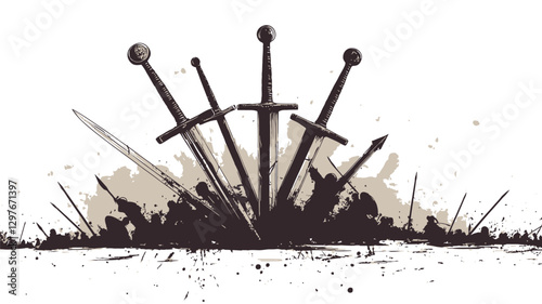 The image is a stylized illustration depicting multiple swords planted in the ground, with their points upwards.  The swords are dark-toned, possibly black or dark gray, and feature simple, rounded