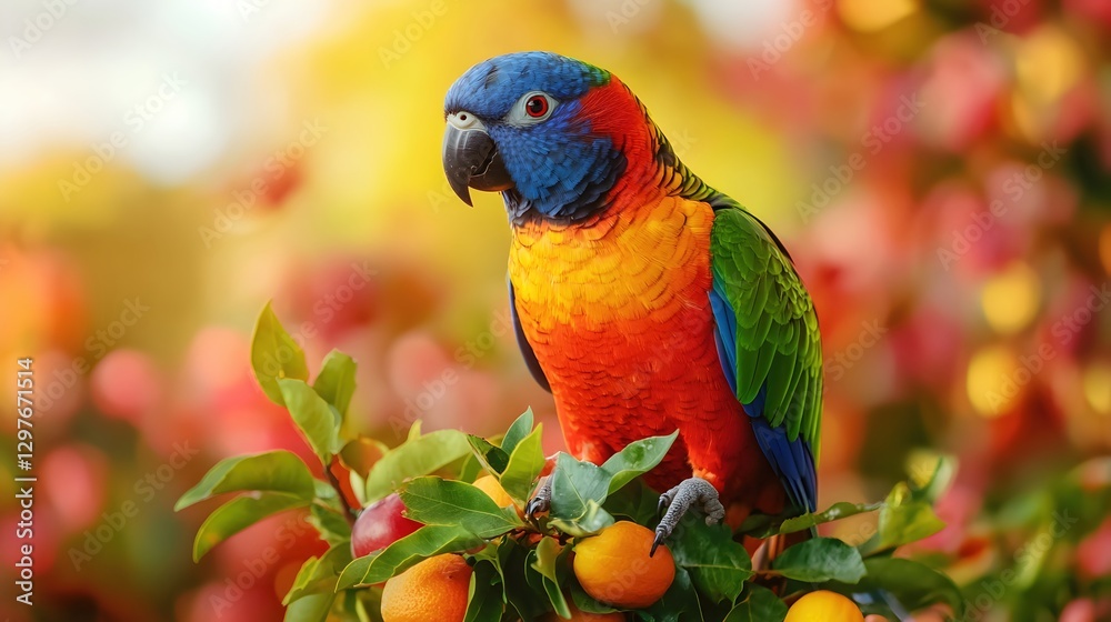 Naklejka premium Colorful Parrot Perched Among Vibrant Fruits in Nature's Habitat