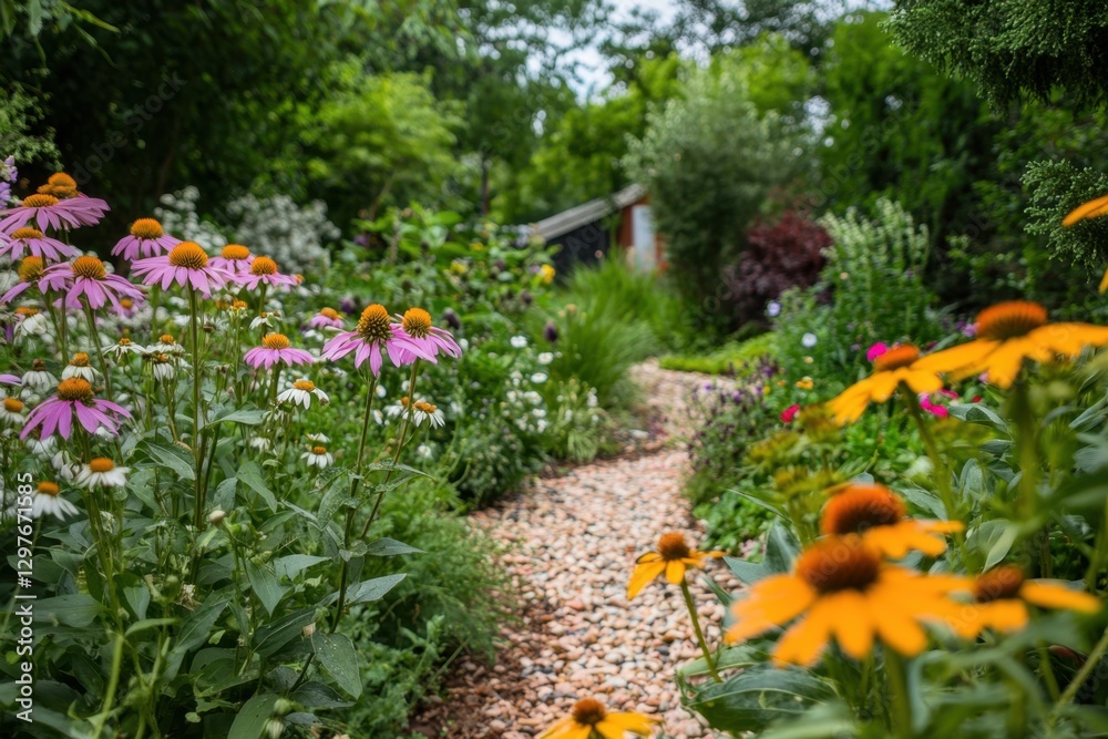 Fototapeta premium A garden path with a brick walkway and a shed in the background