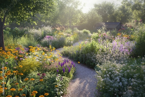 A garden with a path through it and a small shed
