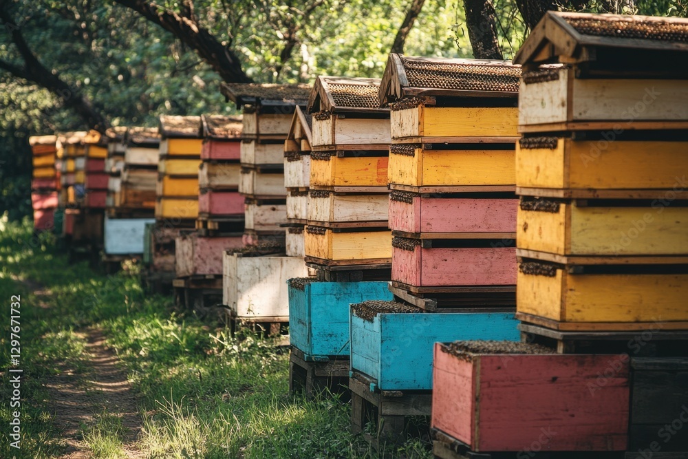 A row of beehives with different colored boxes A row of beehives with different colored boxes