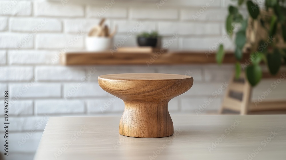 5.A small wooden pedestal with a matte finish, resting on a sleek kitchen table with a white brick wall in the background, bright lighting emphasizing the natural wood tones. 5.A small wooden pedestal with a matte finish, resting on a sleek kitchen table with a white brick wall in the background, bright lighting emphasizing the natural wood tones.