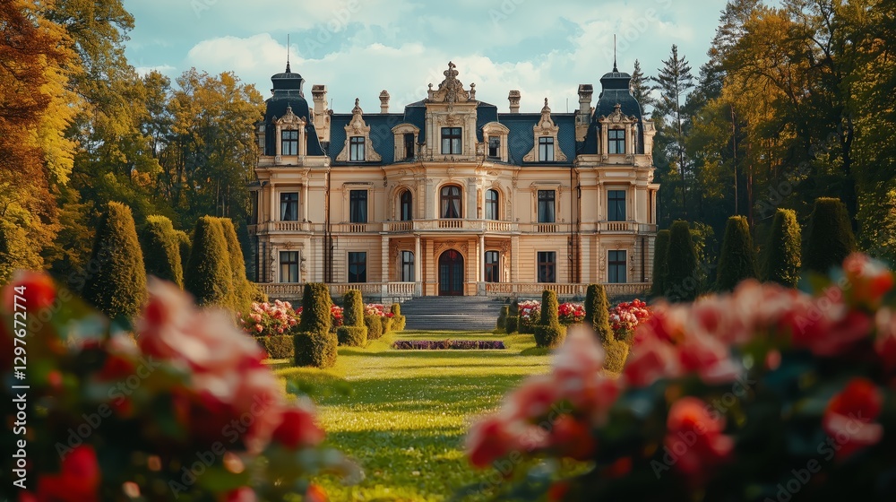 Obraz premium Majestic Historic Mansion Surrounded by Lush Garden and Roses
