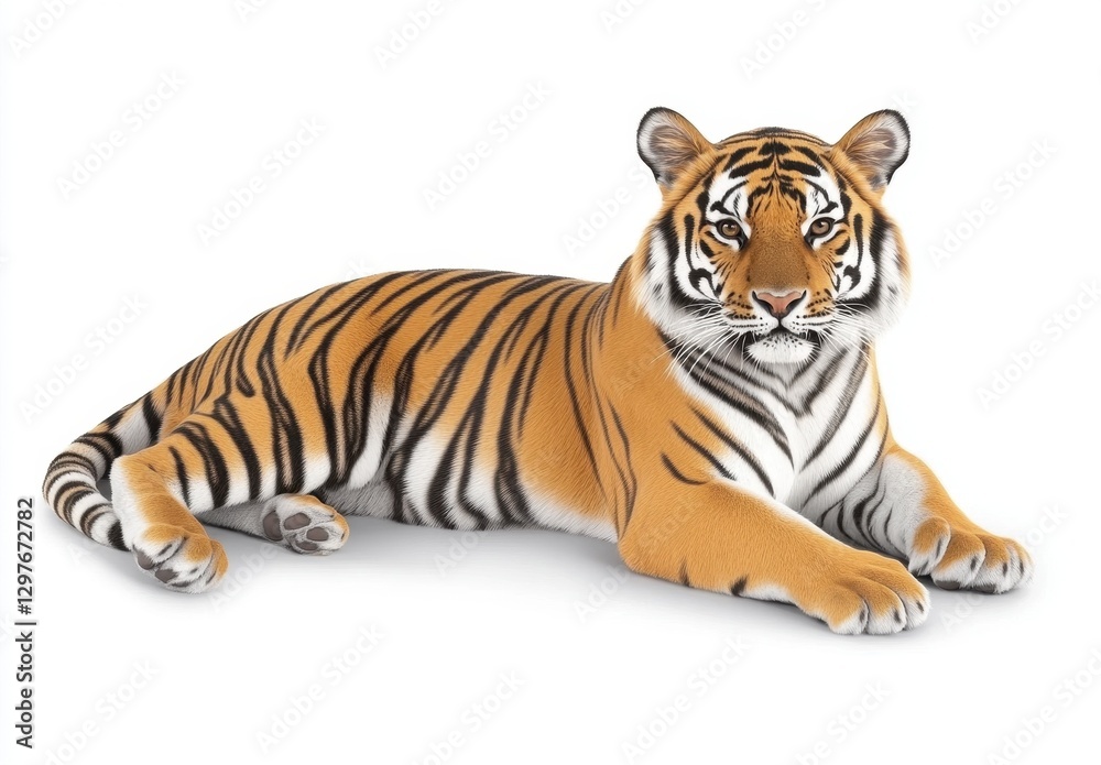 Obraz premium Majestic Bengal Tiger Lying Alert On White Background In Striking Studio Shot