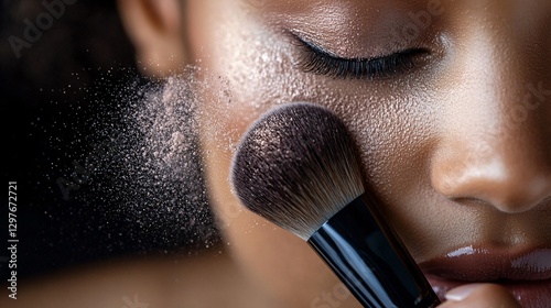 A person applying powder with a makeup brush on their face