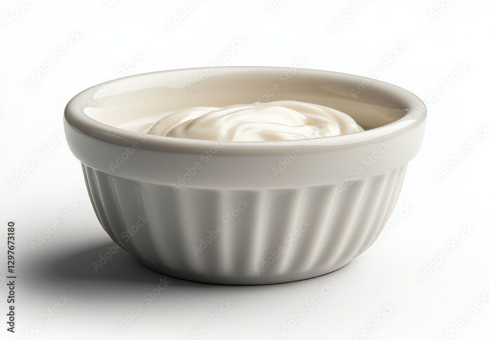 Creamy white yogurt in a small round dish on a soft white background, perfect for culinary themes and healthy eating concepts in food photography Creamy white yogurt in a small round dish on a soft white background, perfect for culinary themes and healthy eating concepts in food photography