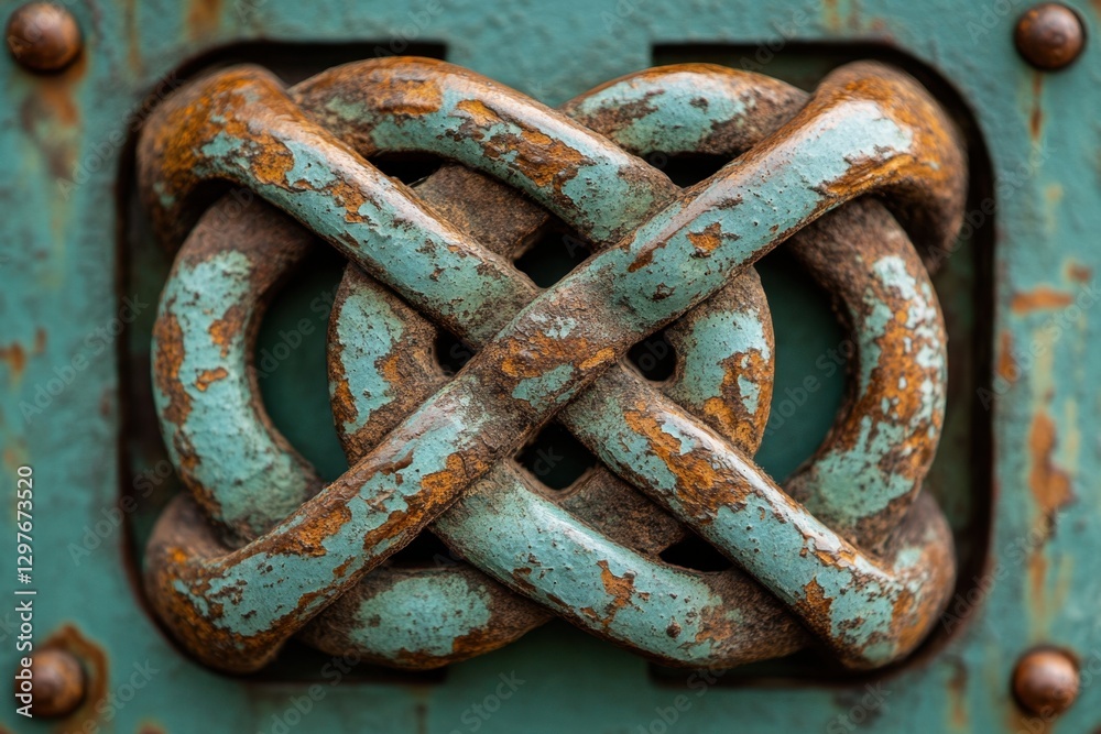 Detailed Close Up of Interwoven Metal Rings with Turquoise Paint and Rust Detailing for Texture and Design Detailed Close Up of Interwoven Metal Rings with Turquoise Paint and Rust Detailing for Texture and Design