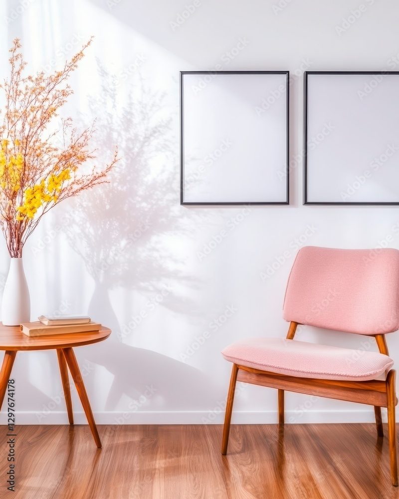 Fototapeta premium Cozy interior with pink chair and decorative flower vase