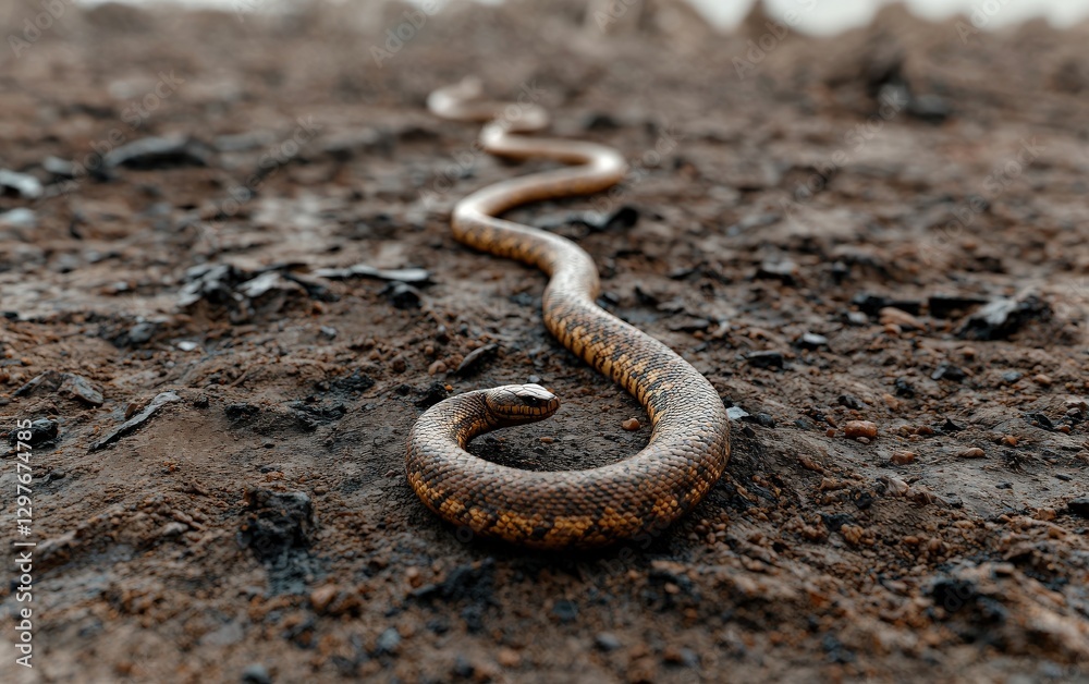 Brown snake slithering in dirt habitat under natural light Brown snake slithering in dirt habitat under natural light